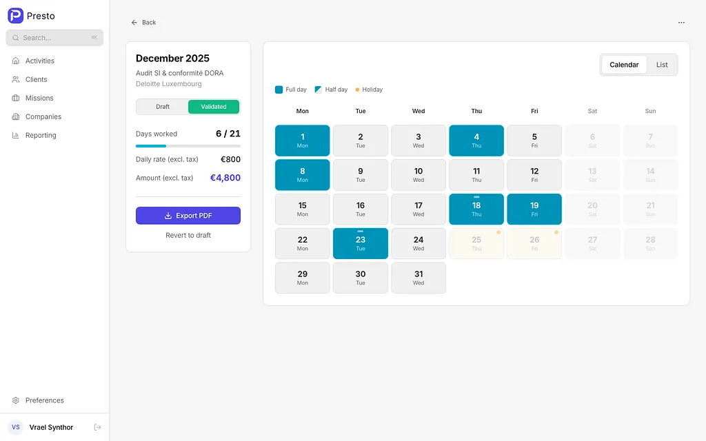 Presto Activity Report Editor — Calendar view with full days, half days, and holiday markers