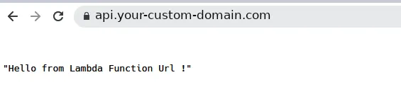 Browser at api.your-custom-domain.com showing the response Hello from Lambda Function Url !