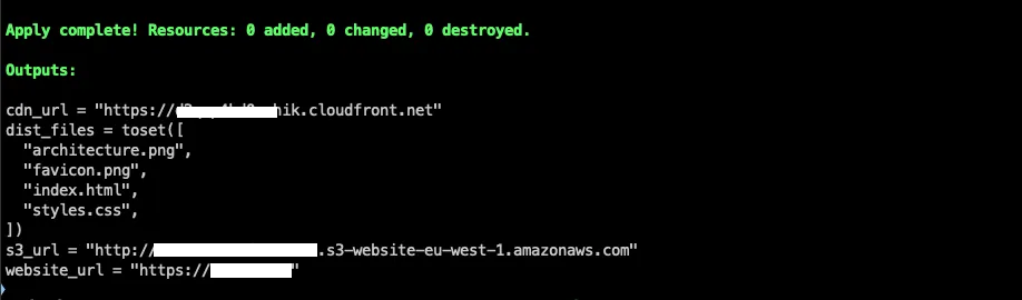terraform apply complete with outputs cdn_url, dist_files, s3_url and website_url