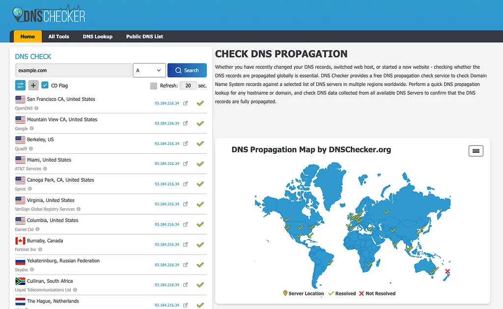 DNS Checker propagation results by location with a world map of resolved DNS servers